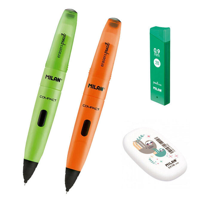 【MILAN】自動鉛筆_側壓式_0.9mm(2入)+0.9筆芯(1入)+橢圓橡皮擦_自信橘/清翠綠