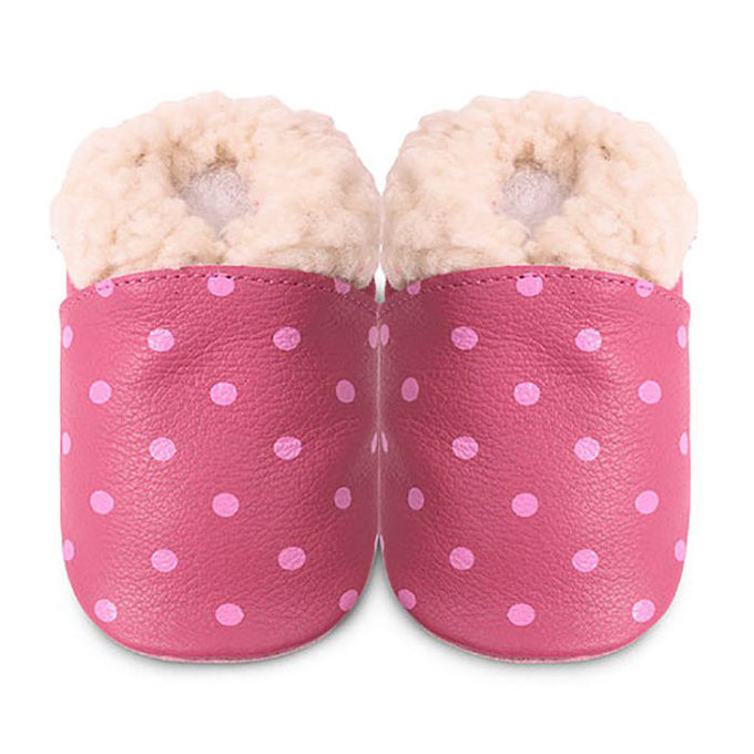 英國 shooshoos 安全無毒真皮手工鞋/學步鞋/嬰兒鞋_桃紅點點毛毛(公司貨）