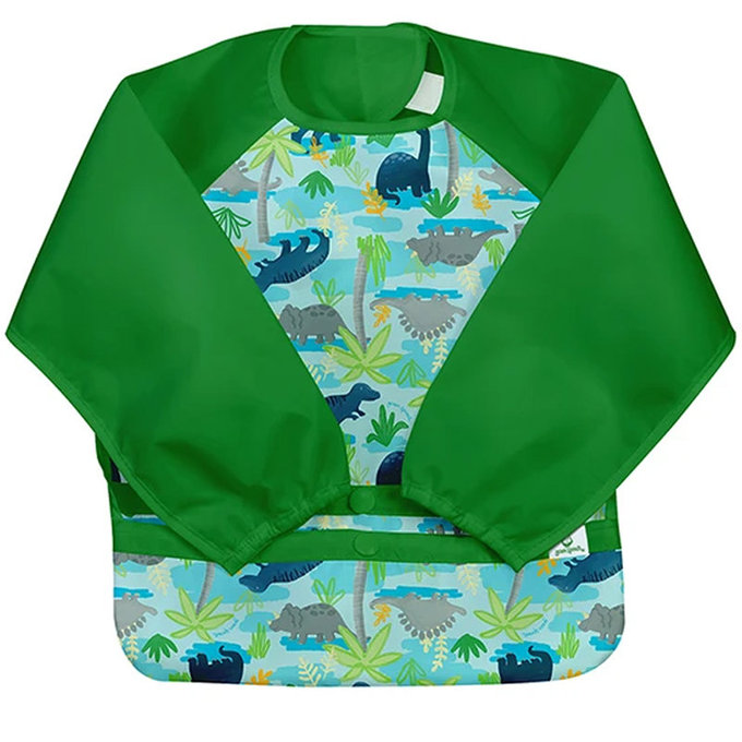 美國 green sprouts 小綠芽 魔鬼氈雙面防水/防食物掉落長袖圍兜單入組 _恐龍世界_GS101357ADJ