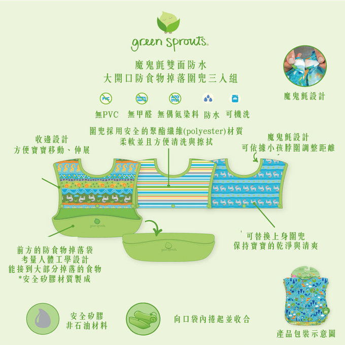 美國 green sprouts 小綠芽 魔鬼氈雙面防水/大開口防食物掉落圍兜三入組_ 繽紛花園_GS101246-2 