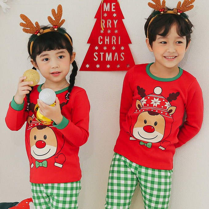 正韓 Puco 超優質嬰幼兒/兒童長袖100% 有機純棉家居服/睡衣_紅帽麋鹿_PC21-023(大童款)