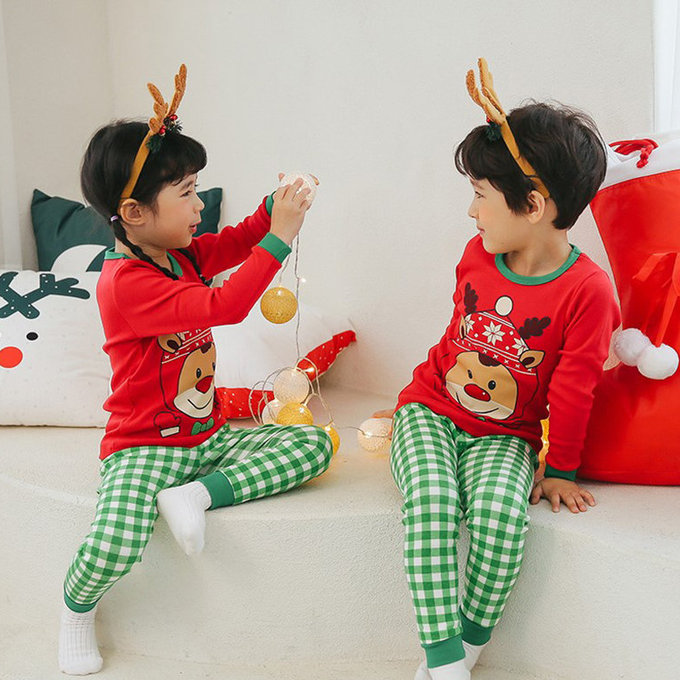 正韓 Puco 超優質嬰幼兒/兒童長袖100% 有機純棉家居服/睡衣_紅帽麋鹿_PC21-023(大童款)