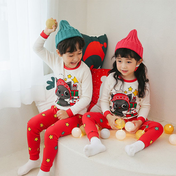正韓 Puco 超優質嬰幼兒/兒童長袖100% 有機純棉家居服/睡衣_聖誕貓貓_PC21-026(小童款)