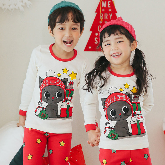 正韓 Puco 超優質嬰幼兒/兒童長袖100% 有機純棉家居服/睡衣_聖誕貓貓_PC21-027(大童款)