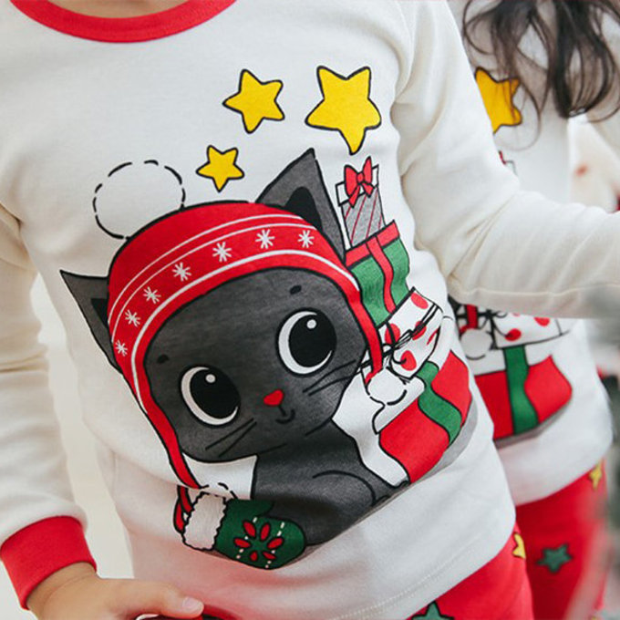 正韓 Puco 超優質嬰幼兒/兒童長袖100% 有機純棉家居服/睡衣_聖誕貓貓_PC21-027(大童款)