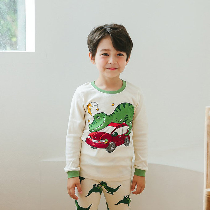 正韓 Puco 超優質嬰幼兒/兒童長袖有機棉家居服/睡衣_恐龍與車_PC21-031
