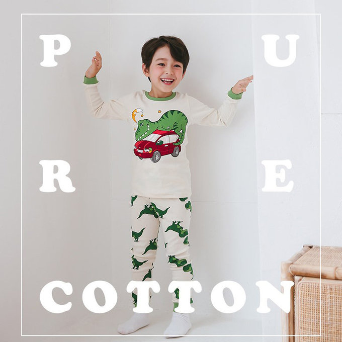正韓 Puco 超優質嬰幼兒/兒童長袖有機棉家居服/睡衣_恐龍與車_PC21-031
