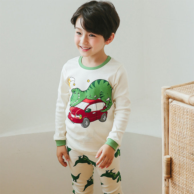 正韓 Puco 超優質嬰幼兒/兒童長袖有機棉家居服/睡衣_恐龍與車_PC21-031