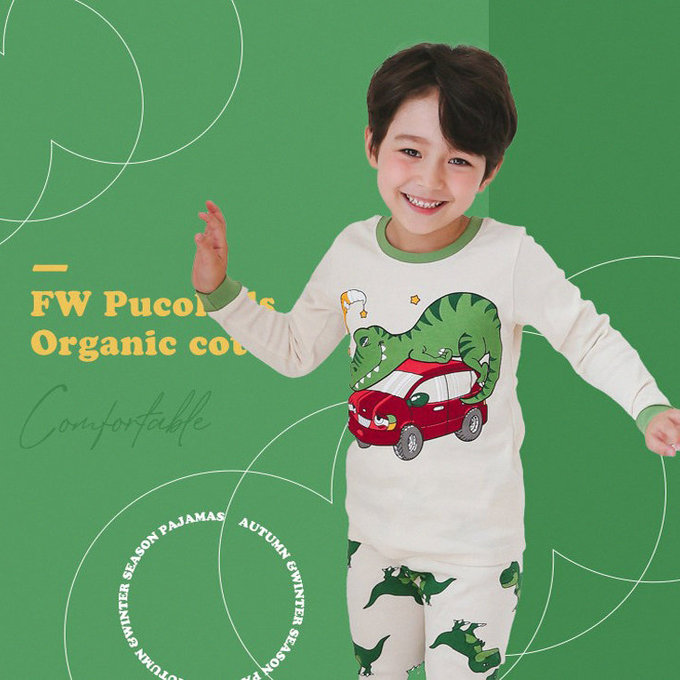 正韓 Puco 超優質嬰幼兒/兒童長袖有機棉家居服/睡衣_恐龍與車_PC21-031