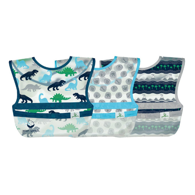 美國 green sprouts 小綠芽 魔鬼氈雙面防水/防食物掉落圍兜/【吃飯圍兜】三入組_恐龍_ GS101248-BD