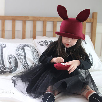 韓國 Mini Dressing兒童造型帽_酒紅兔耳朵紳士帽  (MDH006)-