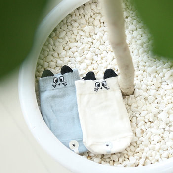 韓國 Mini Dressing 嬰幼兒/小童短襪兩入組_ 藍白小貓 (MDS016)-