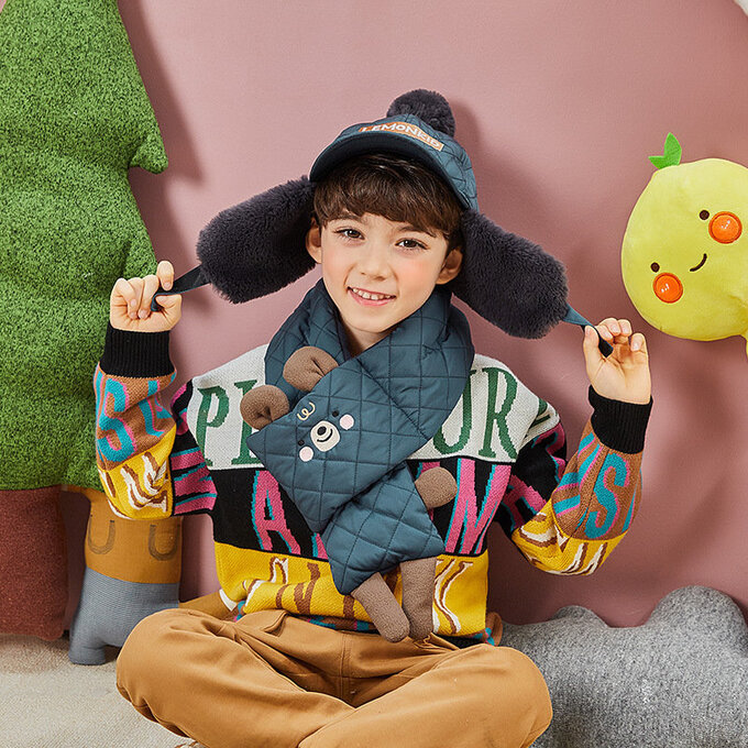 【JB DESIGN】Lemonkid-限量款-滑雪帽子圍巾二件套(圍巾+帽子)-深藍小熊 (52cm)