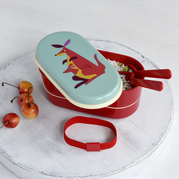 英國 Rex London 圓形三層午餐盒/便當盒/野餐盒(附2入餐具)_紅袋鼠_RL26641