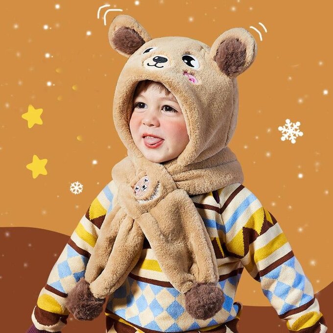 【JB DESIGN】Lemonkid-超萌卡通毛绒一體帽 (一帽多戴)-自然棕小熊