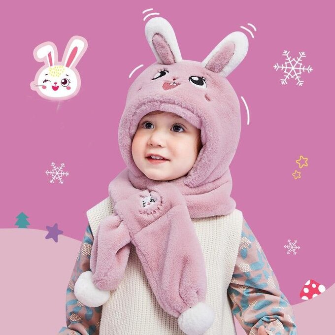 【JB DESIGN】Lemonkid-超萌卡通毛绒一體帽 (一帽多戴)-山櫻粉小兔