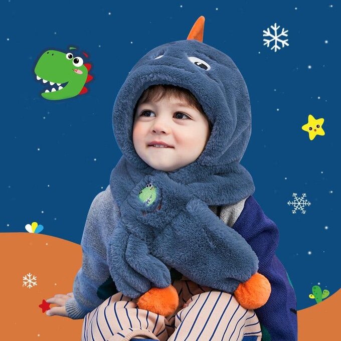 【JB DESIGN】Lemonkid-超萌卡通毛绒一體帽 (一帽多戴)-靛藍恐龍