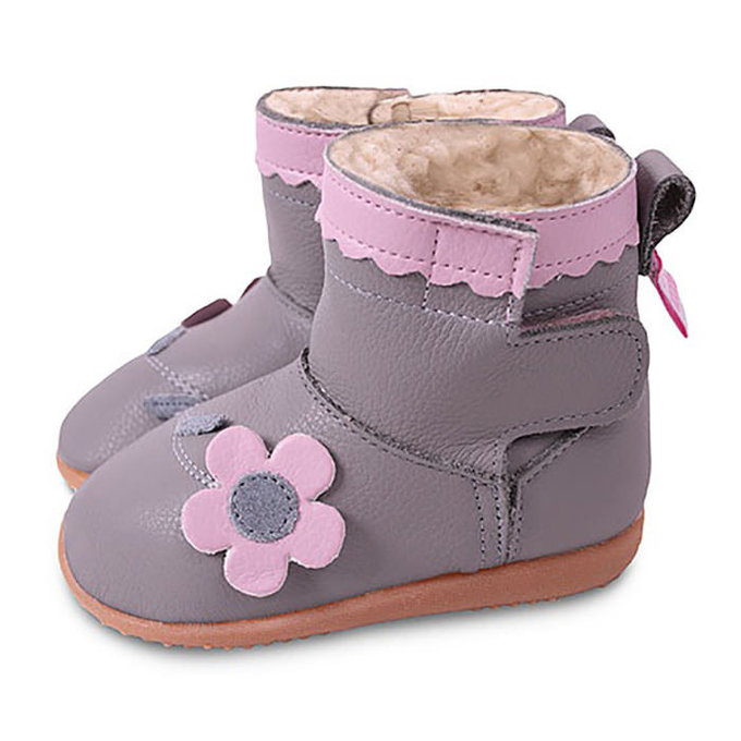 英國 shooshoos 健康無毒真皮手工童鞋/靴子_紫灰色淡粉小花短靴(公司貨)