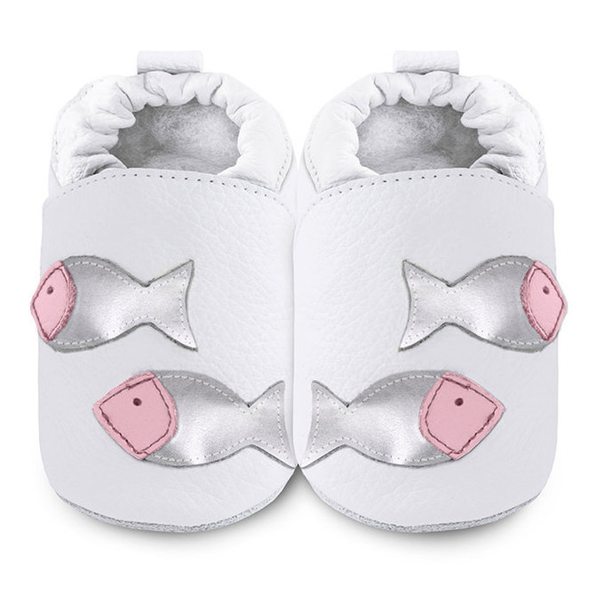 【福利品】英國 shooshoos 安全無毒真皮手工鞋/學步鞋/嬰兒鞋_銀白魚兒游玩 (A-28)