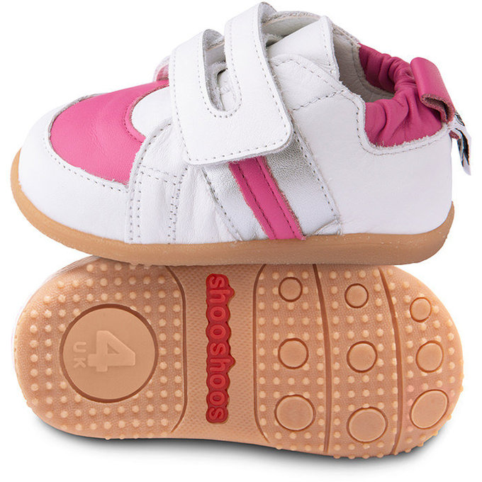 【福利品】英國 shooshoos 健康無毒真皮手工學步鞋/童鞋_白/銀桃紅條紋童鞋_101076 (C-29)