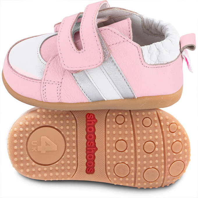 【福利品】英國 shooshoos 健康無毒真皮手工學步鞋/童鞋_粉/銀白條紋童鞋_101078(B-33)