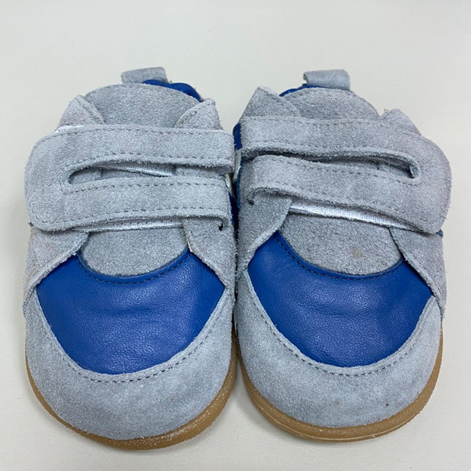 【福利品】英國 shooshoos 安全無毒真皮手工學步鞋/童鞋_灰/藍白條紋童鞋_101082(19)