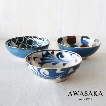 【AWASAKA粟坂】筆青釉繪寬口丼碗3入組-