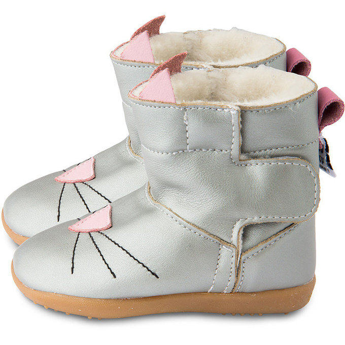 英國 shooshoos 健康無毒真皮手工童鞋/靴子_ 銀色貓咪_102766