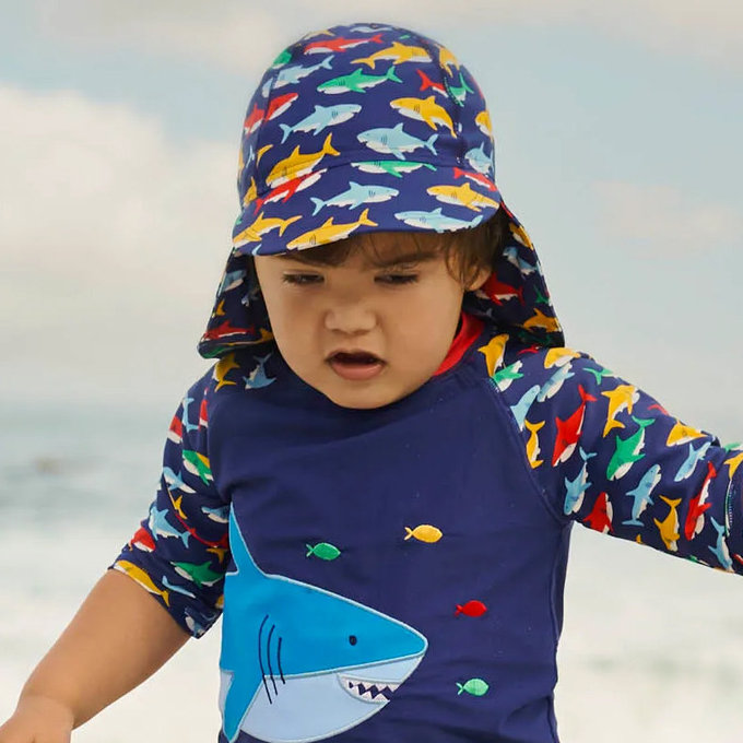 英國 JoJo Maman BeBe 嬰幼兒/兒童泳裝戲水UPF50+防曬護頸遮陽帽_海中霸王(JJH1311)