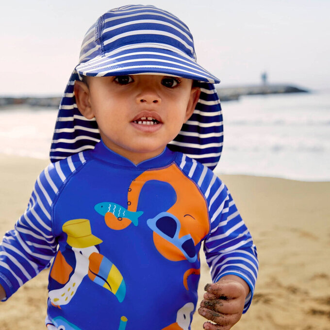 英國 JoJo Maman BeBe 嬰幼兒/兒童泳裝戲水UPF50+防曬護頸遮陽帽_藍白條紋(JJH2453)