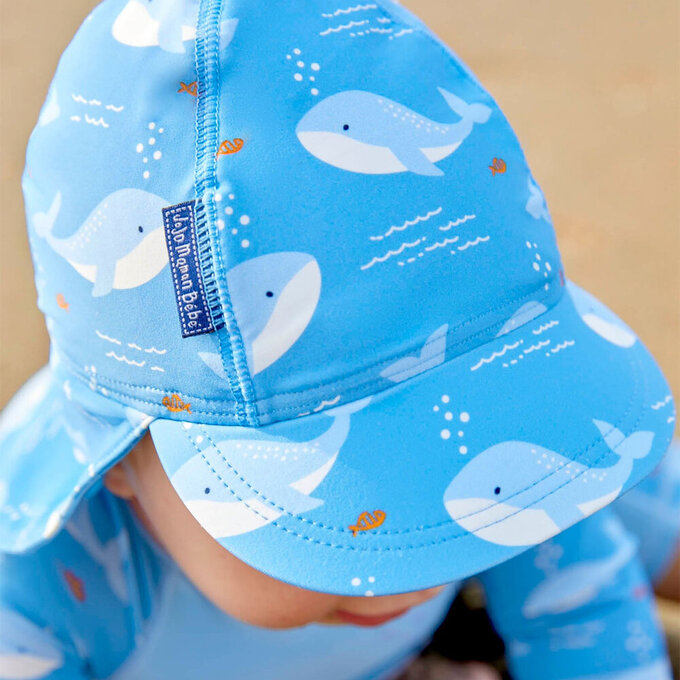 英國 JoJo Maman BeBe 嬰幼兒/兒童泳裝戲水UPF50+防曬護頸遮陽帽_海洋鯨魚(JJH2454)