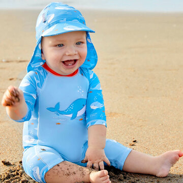【預購．5月底左右到貨】英國 JoJo Maman BeBe 嬰幼兒/兒童泳裝戲水UPF50+防曬護頸遮陽帽_海洋鯨魚(JJH2454)-