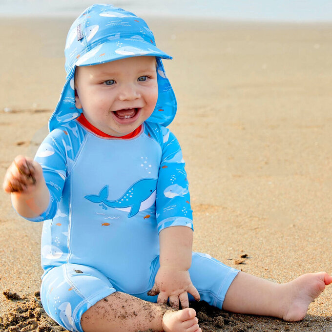 英國 JoJo Maman BeBe 嬰幼兒/兒童泳裝戲水UPF50+防曬護頸遮陽帽_海洋鯨魚(JJH2454)