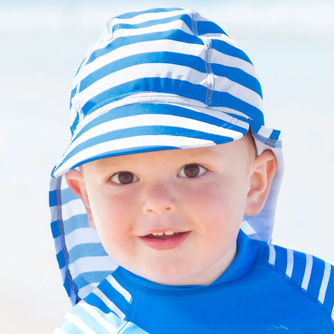 英國 JoJo Maman BeBe 嬰幼兒/兒童泳裝戲水UPF50+防曬護頸遮陽帽_水藍條紋_(JJH3162)