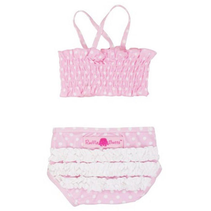 【福利品】美國 RuffleButts 小女童兩截式泳裝_淡粉白點點泳裝(RBSW08-02)(R-4)