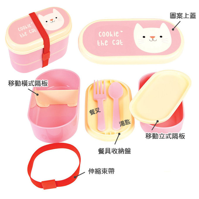 【福利品】英國 Rex London 圓形三層午餐盒/便當盒/野餐盒(附2入餐具)_迷人貓咪_RL27877(R-9)