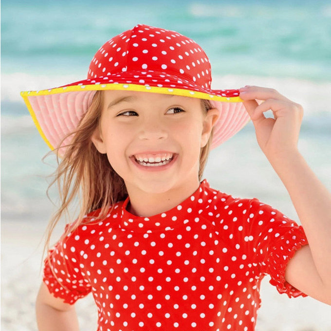 美國 Ruffle Butts 嬰幼兒雙面配戴遮陽帽_橘黃白圓點(RBVS010)