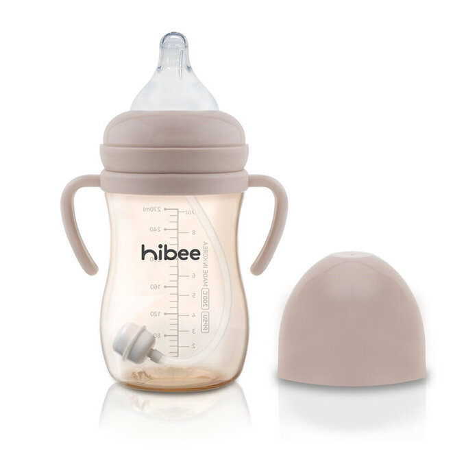 正韓 hibee 蜜糖Q瓶 仿媽咪乳房感 PPSU 防脹氣寬口奶瓶/水瓶270ml_含重力球吸管與把手_米_HB1N (附吸管刷)