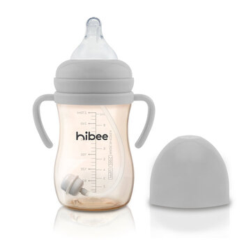 正韓 hibee 蜜糖Q瓶 仿媽咪乳房感 PPSU 防脹氣寬口奶瓶/水瓶270ml_含重力球吸管與把手_灰_HB1G (附吸管刷)-