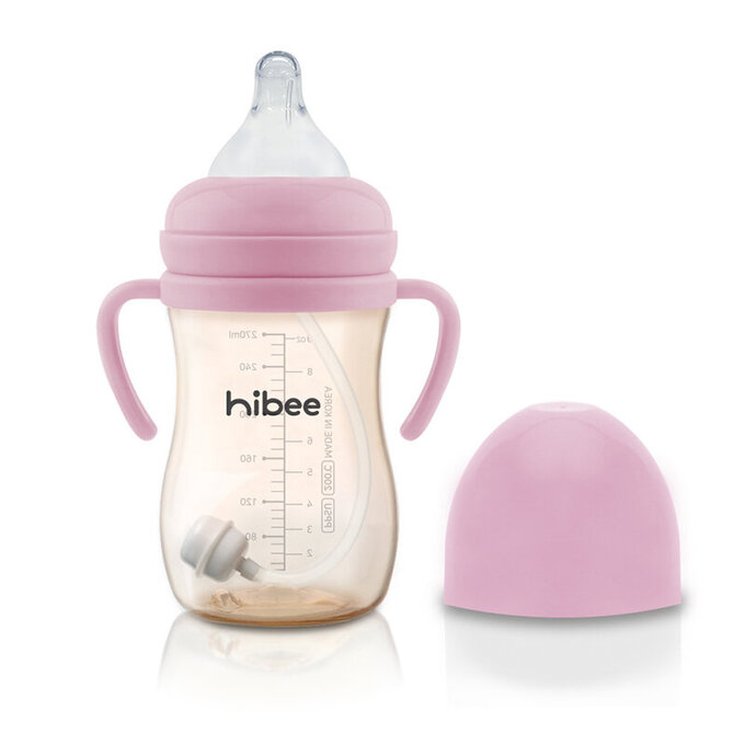 正韓 hibee 蜜糖Q瓶 仿媽咪乳房感 PPSU 防脹氣寬口奶瓶/水瓶270ml_含重力球吸管與把手_粉_HB1P (附吸管刷)