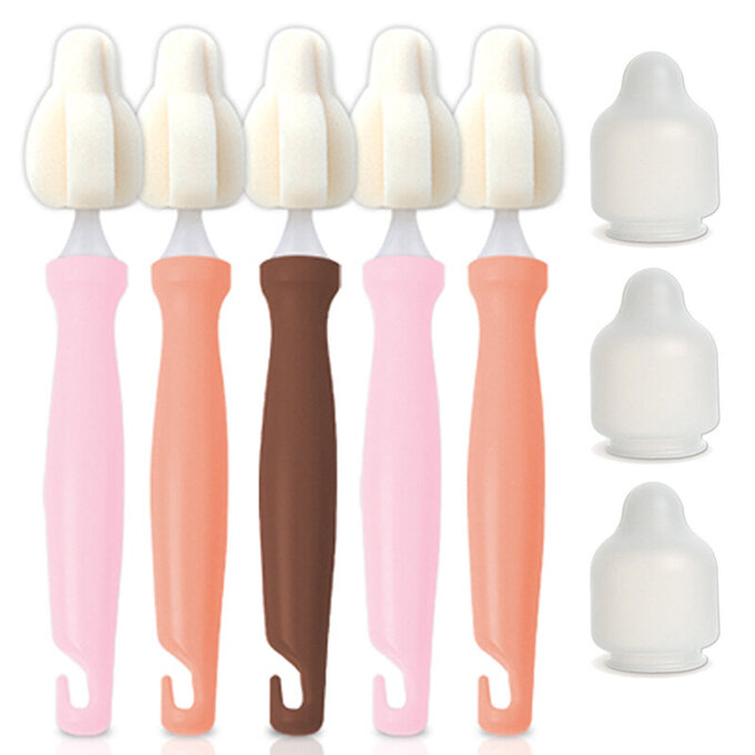 【5入組】正韓 hibee 極細緻奶嘴/奶瓶/杯蓋螺旋/各種細縫 海綿隙縫刷 _暖色系 HFB001W