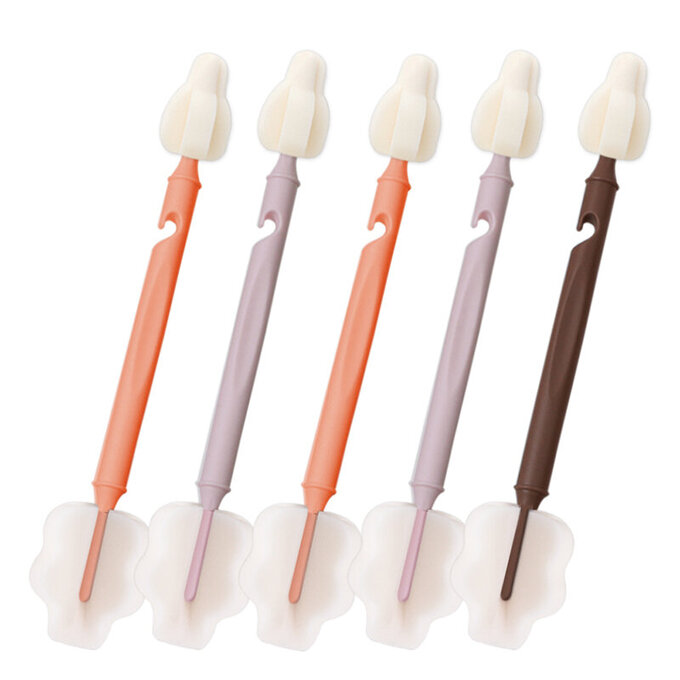 【5入組】正韓 hibee 極柔細水壺/杯子/保溫瓶/奶瓶 雙面萬用海綿刷_雙頭雲朵海綿刷+海綿隙縫刷_暖色系 HFB005W