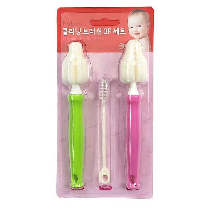 正韓 hibee 各類杯蓋/杯子/水壺縫隙/奶嘴/奶瓶 海綿萬用刷+吸管刷3入組 (薄荷綠+甜苺粉) HFB007PG