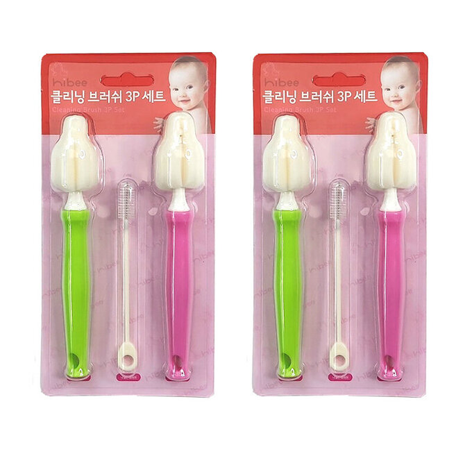 正韓 hibee 各類杯蓋/杯子/水壺縫隙/奶嘴/奶瓶 海綿萬用刷+吸管刷3入組(薄荷綠+甜苺粉) HFB007PG2 (兩套)