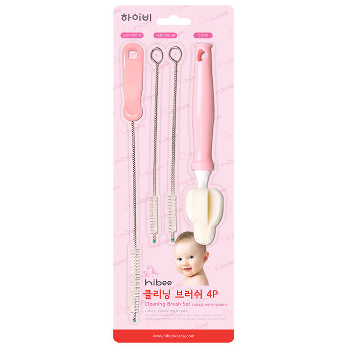 正韓 hibee  各類杯蓋/杯子/水壺/奶嘴/奶瓶 海綿隙縫刷+波霸吸管刷+吸管刷4入(櫻花粉) HFB007P