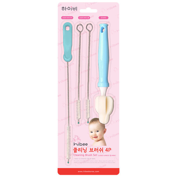 正韓 hibee  各類杯蓋/杯子/水壺/奶嘴/奶瓶 海綿隙縫刷+波霸吸管刷+吸管刷4入(天空藍) HFB007S