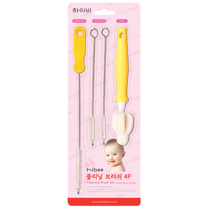正韓 hibee  各類杯蓋/杯子/水壺/奶嘴/奶瓶 海綿隙縫刷+波霸吸管刷+吸管刷4入(星星黃 ) HFB007Y