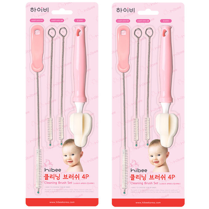 正韓 hibee  各類杯蓋/杯子/水壺/奶嘴/奶瓶 海綿隙縫刷+波霸吸管刷+吸管刷4入(櫻花粉) HFB007P2 (兩套)