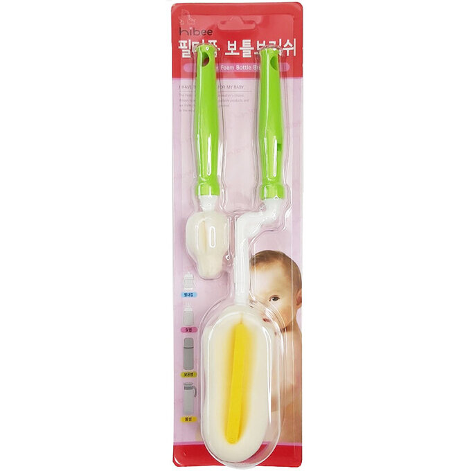 正韓 hibee 極柔細各類水瓶/水壺/保溫瓶/奶瓶 萬用海綿刷(旋轉型)+海綿隙縫刷 (薄荷綠) HFB0102G