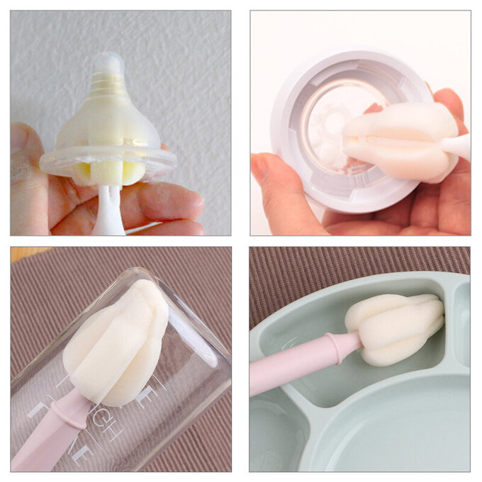 正韓 hibee 極柔細各類水瓶/水壺/保溫瓶/奶瓶 萬用海綿刷(旋轉型)+海綿隙縫刷 (櫻花粉) HFB0102P